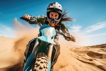 Obraz premium Close-up view of a female rider on beach motorcycle with sand flying in air. Dynamics. Beach sports. Summer tropical vacation concept.