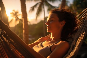 A beautiful young girl rest in a hammock on sand beach at sunset with palm tree. Summer tropical vacation concept.
