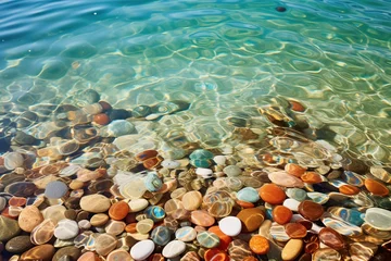 Fotobehang Detailed close-up of colorful pebbles and shells beneath crystal-clear lake water © Dan