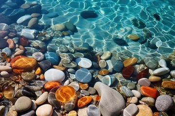 Fotobehang Detailed close-up of colorful pebbles and shells beneath crystal-clear lake water © Dan
