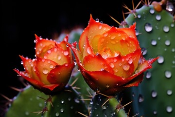 Dew drops on prickly pear spines at dawn