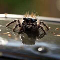 A cute kawaii spider with a big head and eyes, perched on a car wing mirror, its hair blowing in the wind. Generative AI.