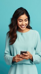 Radiant woman with dark skin in a blue shirt, beaming at her phone against a vivid blue backdrop, exuding joy