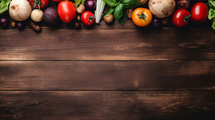 Variety of vegetables on a wooden background, top view, representing healthy eating - obrazy, fototapety, plakaty