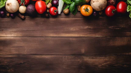 Poster Variety of vegetables on a wooden background, top view, representing healthy eating © Artyom