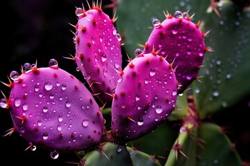 Dew drops on prickly pear spines at dawn