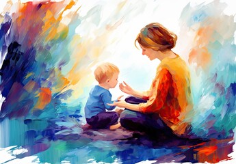 A loving mother holds a small child in her arms and enjoys a tender moment. Mom hugs the baby. Mother's Day holiday card in watercolor style. Motherhood. Illustration for cover, interior design, print - obrazy, fototapety, plakaty