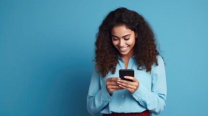 Fototapeta premium Radiant woman with dark skin in a blue shirt, beaming at her phone against a vivid blue backdrop, exuding joy