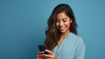 Radiant woman with dark skin in a blue shirt, beaming at her phone against a vivid blue backdrop, exuding joy