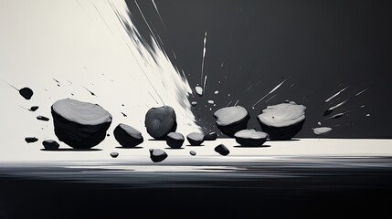 Abstract dynamic scene with falling and colliding objects. Composition of various three-dimensional objects.