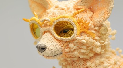 Hand knitted fox doll with sunglasses. Crocheted amigurumi toy. Souvenir product. Cute stuffed model. Illustration for cover, postcard, interior design, decor or print.