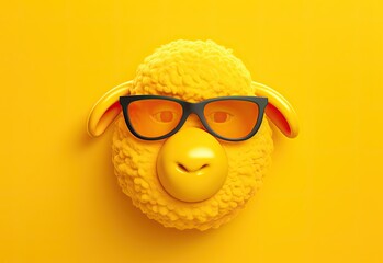 Sheep with glasses. Close-up portrait of a sheep. An anthopomorphic creature. A fictional character for advertising and marketing. Humorous character for graphic design.