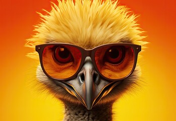 Fototapeta premium Crane with glasses. A close-up portrait of a crane. An anthopomorphic creature. A fictional character for advertising and marketing. Humorous character for graphic design.