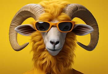 Wild ram in dark sunglasses close-up. Portrait of a wild ram. Anthopomorphic creature. Fictional character for advertising and marketing. Humorous character for graphic design. - obrazy, fototapety, plakaty
