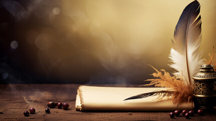 Vintage quill on parchment with inkwell and autumn berries - obrazy, fototapety, plakaty