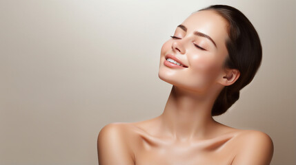 Serene woman with glowing skin, eyes closed in contentment
