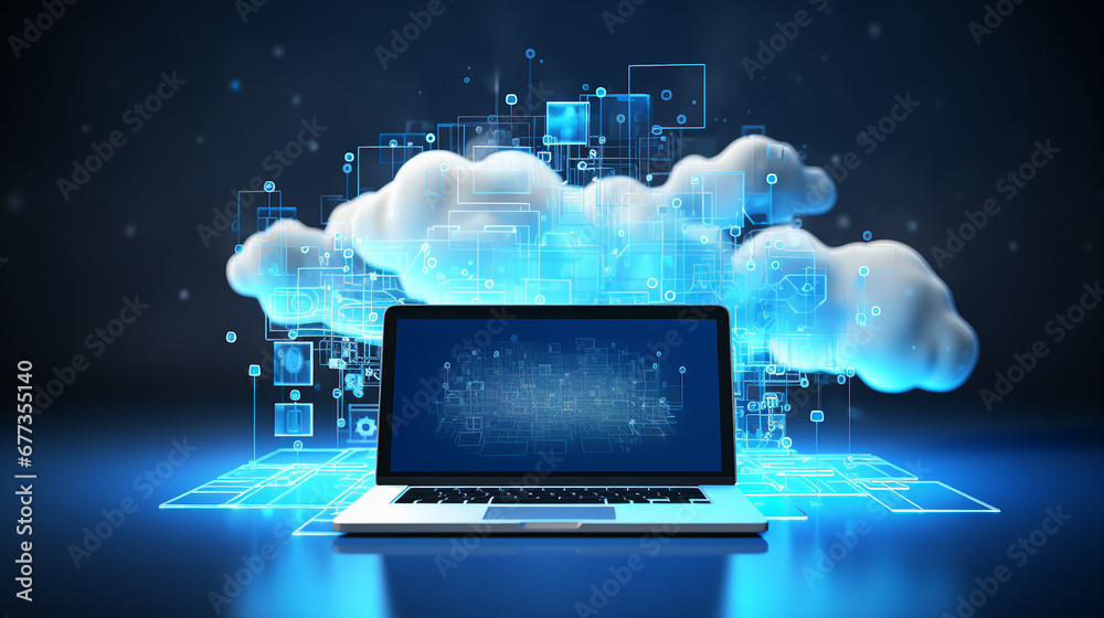 Fototapete digital representation of cloud computing with laptop and virtual interface