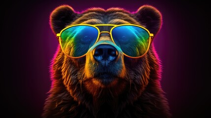 Close-up portrait of a bear wearing glasses. Digital art of a multi-colored grizzly bear. Illustration for cover, card, postcard, interior design, decor or print. - obrazy, fototapety, plakaty