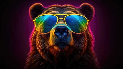 Foto op Canvas Close-up portrait of a bear wearing glasses. Digital art of a multi-colored grizzly bear. Illustration for cover, card, postcard, interior design, decor or print. © Login