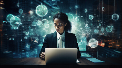 Businesswoman with laptop and digital data orbs backdrop - obrazy, fototapety, plakaty