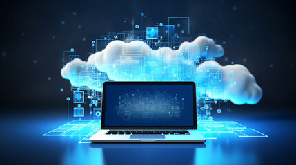 Digital representation of cloud computing with laptop and virtual interface - obrazy, fototapety, plakaty
