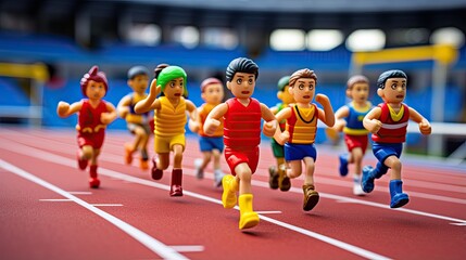 Fototapeta premium Miniature figures of athletes in sports uniforms running on the track. Group of plastic toys of marathon runners in motion. Human activity. Design for sport. Illustration for cover, card, decor or ad.