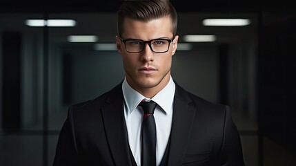 Close-up portrait of a serious male businessman in a suit and tie. Confident and elegant man. Illustration for banner, poster, cover, brochure, advertising, marketing or presentation.