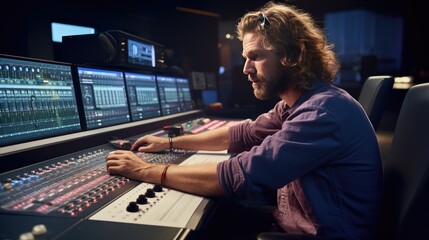 A man works behind a professional sound mixing board in a recording studio. Illustration for cover, card, postcard, interior design, banner, poster, brochure or presentation.
