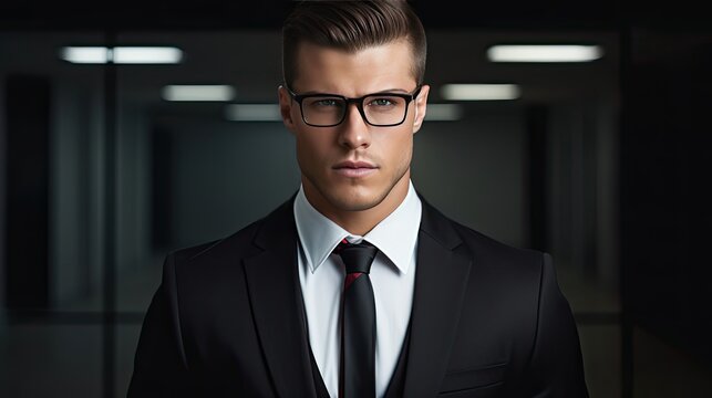 Close-up portrait of a serious male businessman in a suit and tie. Confident and elegant man. Illustration for banner, poster, cover, brochure, advertising, marketing or presentation. - Powered by Adobe