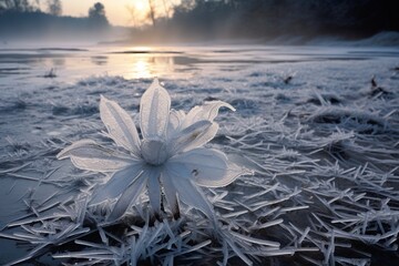 Detailed frost flowers on a frozen river surface captured at dawn - obrazy, fototapety, plakaty