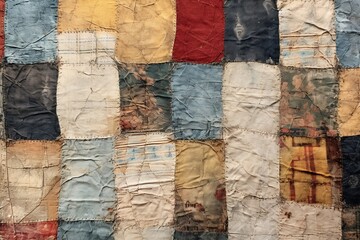 Distressed fabric of an old, cherished quilt - obrazy, fototapety, plakaty