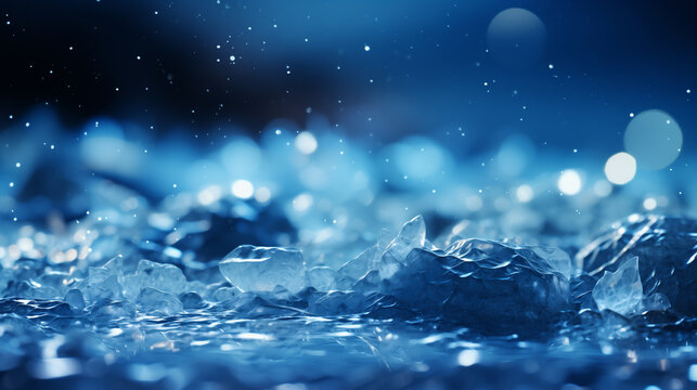 Sfondo, texture con ghiaccio e neve che si sciolgono con gocce d'acqua con sfondo blu