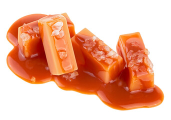 Toffee candies with melted caramel sauce and sea salt isolated on a white background. Salted...