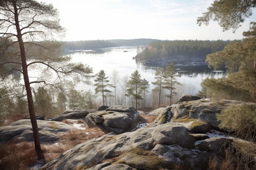 Obraz premium Rocky hill with lake view generative AI