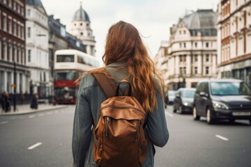 Fototapeta premium Back view of a female traveler in historical city street. Vacation travel concept.