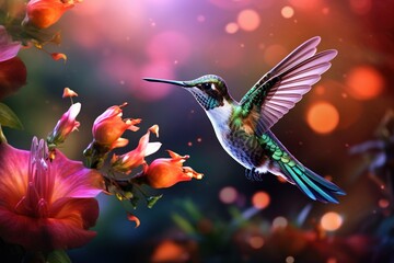 Delicate hummingbird hovering near vibrant flowers