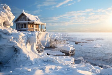 A cabin on cliff by sea in winter forest covered by heavy snow and ice. Winter seasonal concept.
