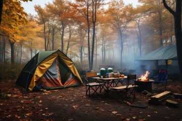 Camping site in Autumn woods with beautiful Fall foliage colors. Autumn seasonal concept.
