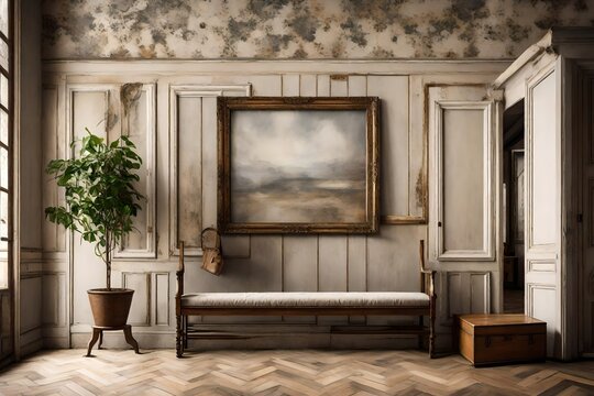 An evocative setting of a Canvas Frame for a mockup in an old styled entrance hall, where ornate coat hangers and weathered benches evoke memories of heartfelt hellos and goodbyes