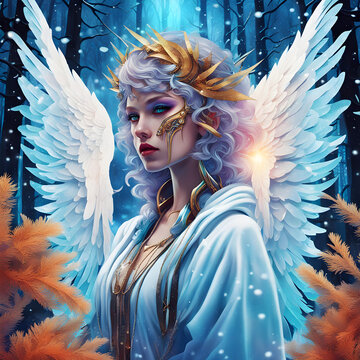 Female beauitiful girl as an angel of frost