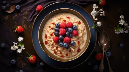  a bowl of oatmeal with blueberries, raspberries, and almonds on a plate.