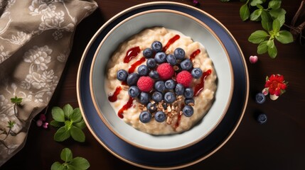  a bowl of oatmeal with blueberries, raspberries, and raspberries on top.