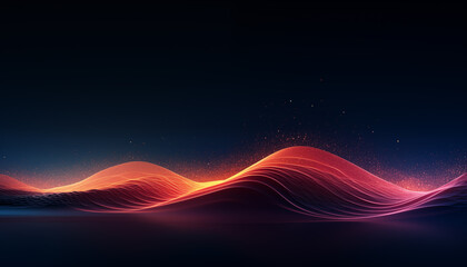 Mysterious and futuristic wave of particle system. Dark and minimalistic wallpaper with orange glowing waves with dark blue background. Concept of energy flow and information technology. 