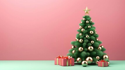 Christmas tree and gift box on pink background with copy space.
