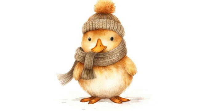  a drawing of a duck wearing a knitted hat and scarf with a pom pom on its head.