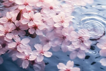 Close-up view of pink cherry blossom flower petal in water. Spring seasonal concept.
