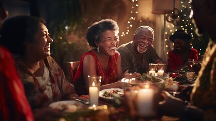 african american family at the table on christmas day - obrazy, fototapety, plakaty