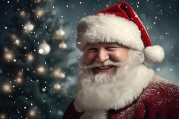 Santa Claus smiles, it's snowing. AI generative.