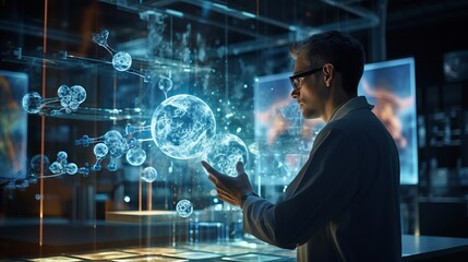 scientist in a high tech lab, working with a 3d holographic interface, 16:9