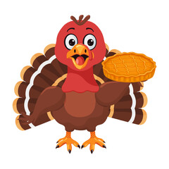 Funny cartoon turkey holding pumpkin pie. Traditional American symbol of Thanksgiving. Cute character. Vector clipart, illustration.